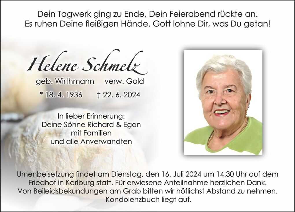 Traueranzeige f&uuml;r Helene Schmelz mit Bild und Erinnerungstext. Daten zur Urnenbeisetzung sind aufgef&uuml;hrt.