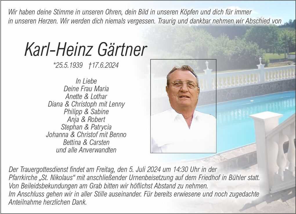 Abbildungsbeschreibung: Traueranzeige f&uuml;r Karl-Heinz G&auml;rtner mit Angaben zur Trauerfeier und einem Portr&auml;tfoto an einem Swimmingpool.