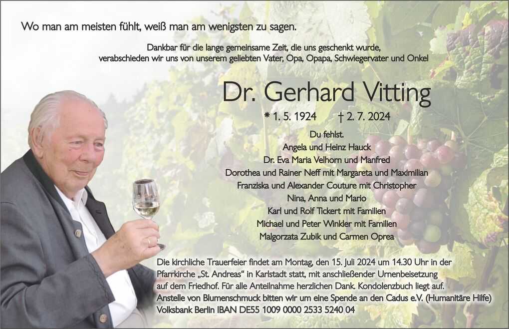 Traueranzeige f&uuml;r Dr. Gerhard Vitting mit pers&ouml;nlicher Widmung und Hintergrund von Weinreben.