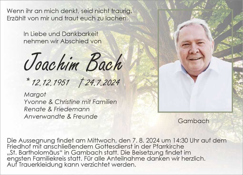 Abschiedskarte f&uuml;r Joachim Bach mit Foto und Trauermitteilung, umgeben von einem lichten Baumhintergrund.
