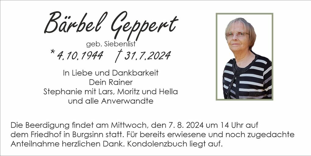 Bild von B&auml;rbel Geppert, einer &auml;lteren Frau mit Brille und gestreifter Bluse, auf einer Traueranzeige abgebildet.