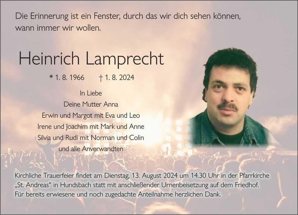 Traueranzeige f&uuml;r Heinrich Lamprecht mit Lebensdaten und Informationen zur Trauerfeier.