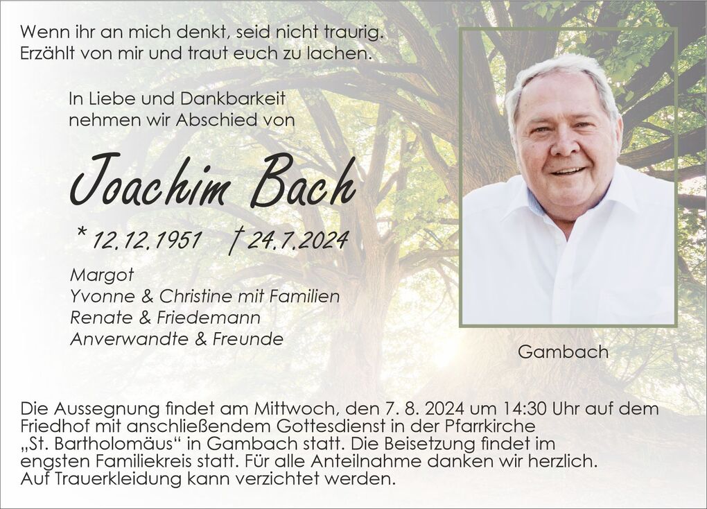 Abschiedskarte f&uuml;r Joachim Bach mit Foto und Trauermitteilung, umgeben von einem lichten Baumhintergrund.