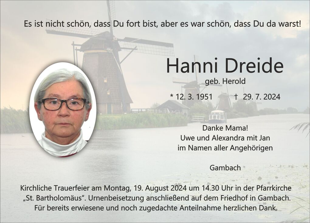 Trauerkarte mit Foto von Hanni Dreide, umgeben von Windm&uuml;hlen und Wasserlandschaft, mit Daten zur Trauerfeier.