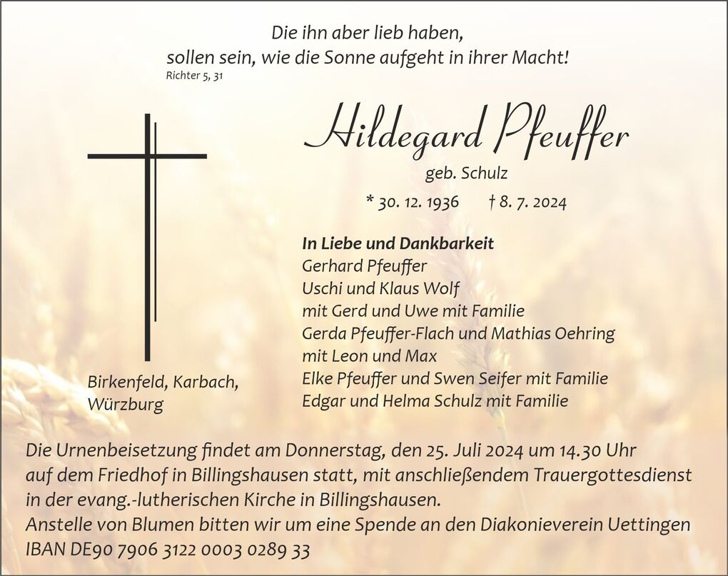 Traueranzeige f&uuml;r Hildegard Pfeuffer mit Lebensdaten, Dankbarkeit und Informationen zur Urnenbeisetzung in Billingshausen.