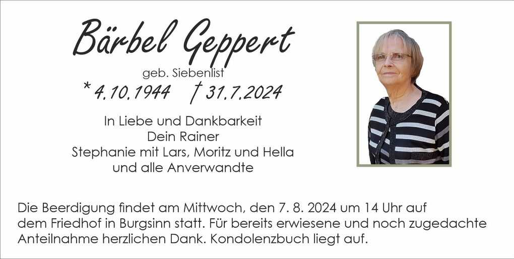 Bild von B&auml;rbel Geppert, einer &auml;lteren Frau mit Brille und gestreifter Bluse, auf einer Traueranzeige abgebildet.