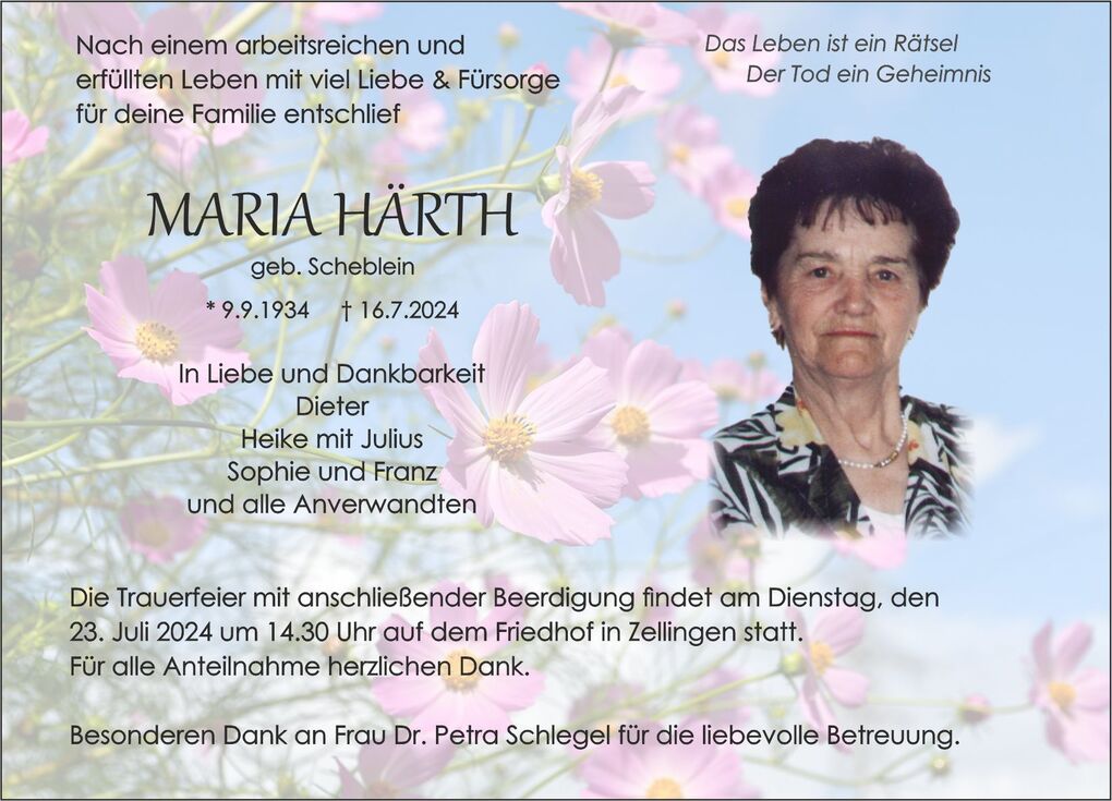 Traueranzeige f&uuml;r Maria H&auml;rth, mit Lebensdaten und Beerdigungsinformationen, umgeben von Blumenmotiven.
