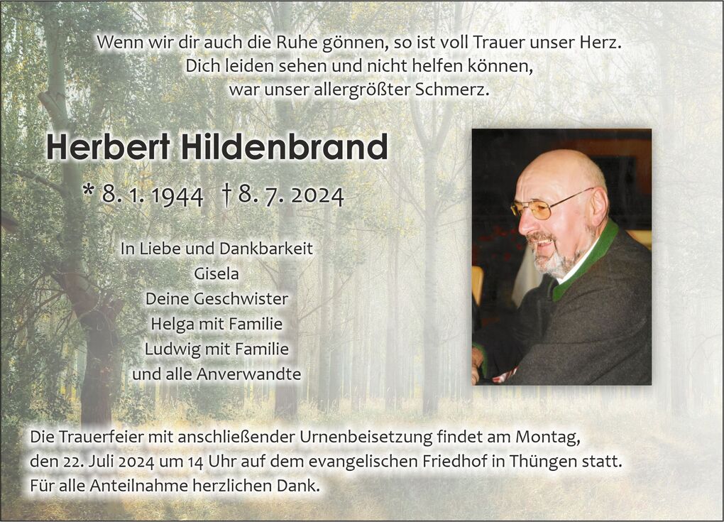 Traueranzeige f&uuml;r Herbert Hildenbrand mit Bild und Details zur Trauerfeier im Hintergrund einer Waldlandschaft.