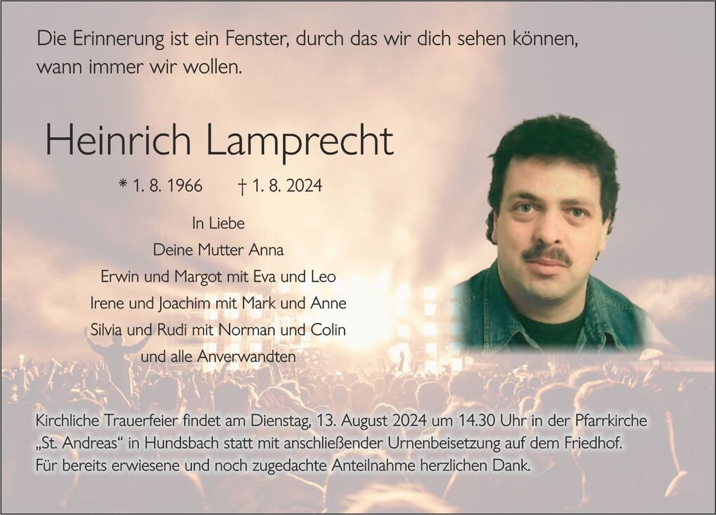 Traueranzeige f&uuml;r Heinrich Lamprecht mit Lebensdaten und Informationen zur Trauerfeier.