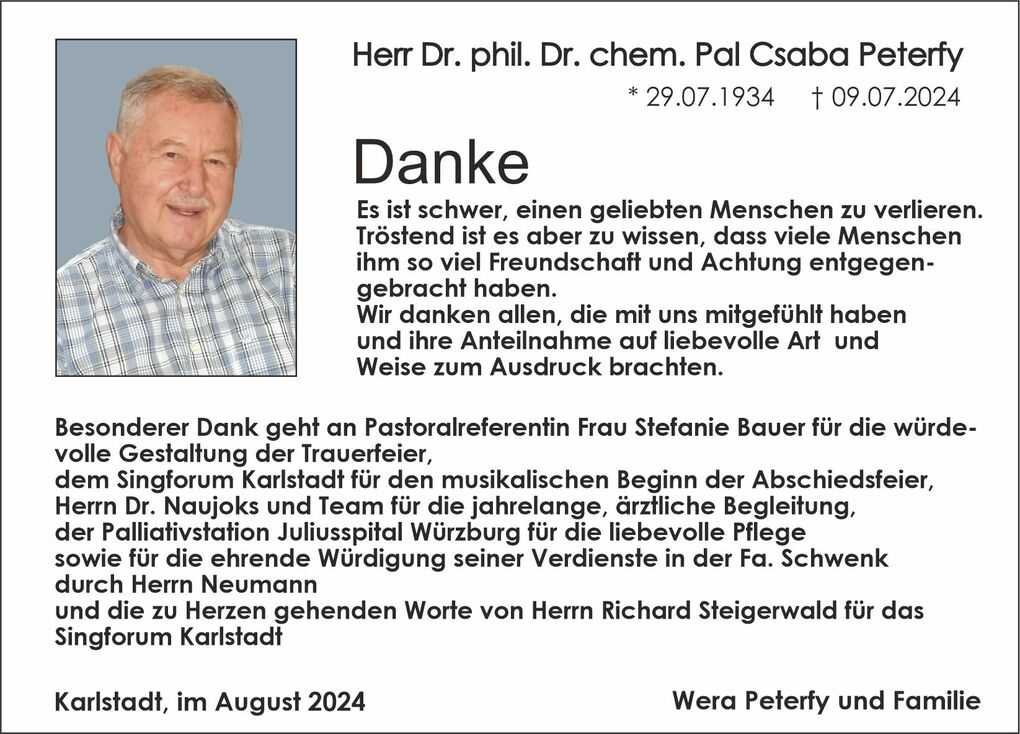 Portrait eines l&auml;chelnden &auml;lteren Mannes auf einem Dankesbild, umgeben von Trauertext und Danksagungen.