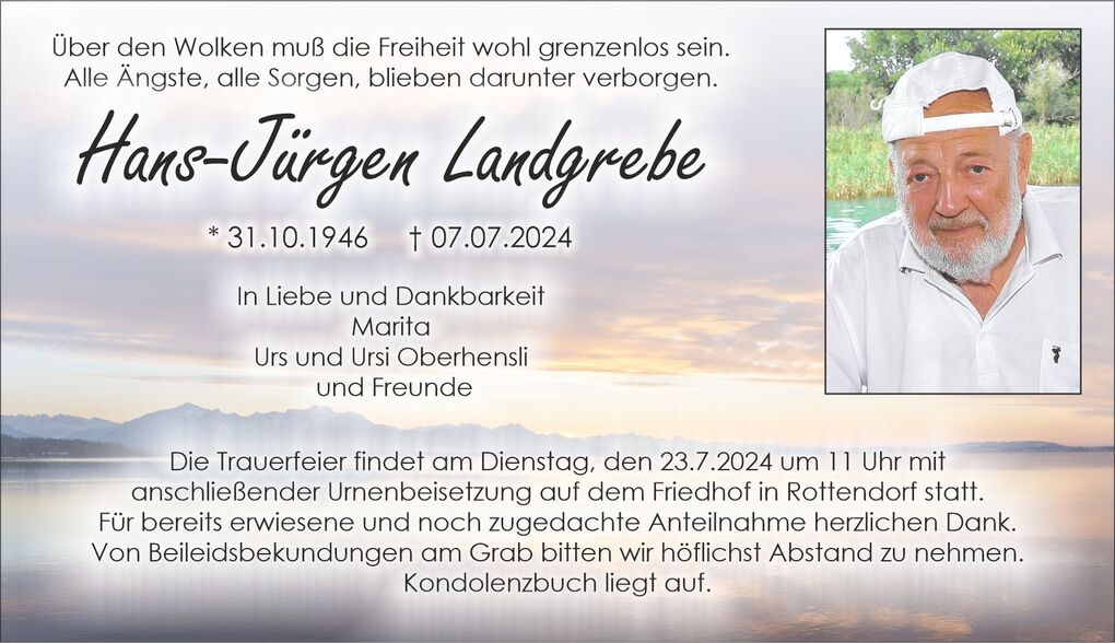 Traueranzeige f&uuml;r Hans-J&uuml;rgen Landgrebe mit Lebensdaten, Trauertext und Hinweis zur Trauerfeier in Rottendorf.