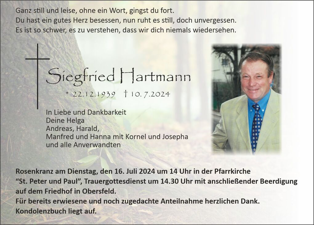 Trauerkarte mit Foto von Siegfried Hartmann, Geburts- und Sterbedaten sowie Beisetzungsinformationen im nat&uuml;rlichen Hintergrund.