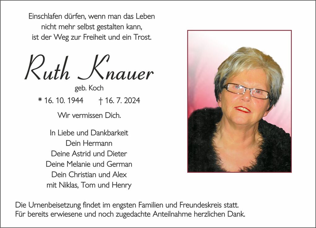 Traueranzeige f&uuml;r Ruth Knauer mit pers&ouml;nlichem Erinnerungstext und einem Portr&auml;tfoto auf hellem Hintergrund.
