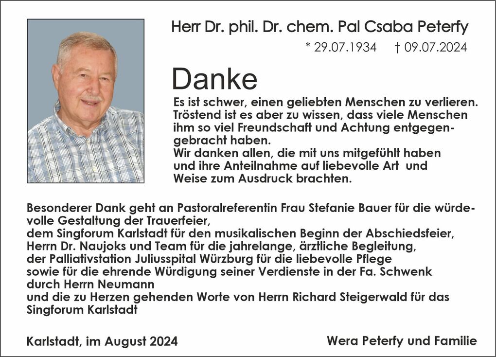 Portrait eines l&auml;chelnden &auml;lteren Mannes auf einem Dankesbild, umgeben von Trauertext und Danksagungen.