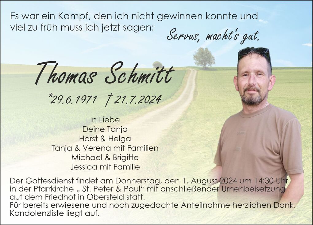 Trauerkarte f&uuml;r Thomas Schmitt mit einer pers&ouml;nlichen Botschaft und einem Hintergrundbild einer Landschaft.