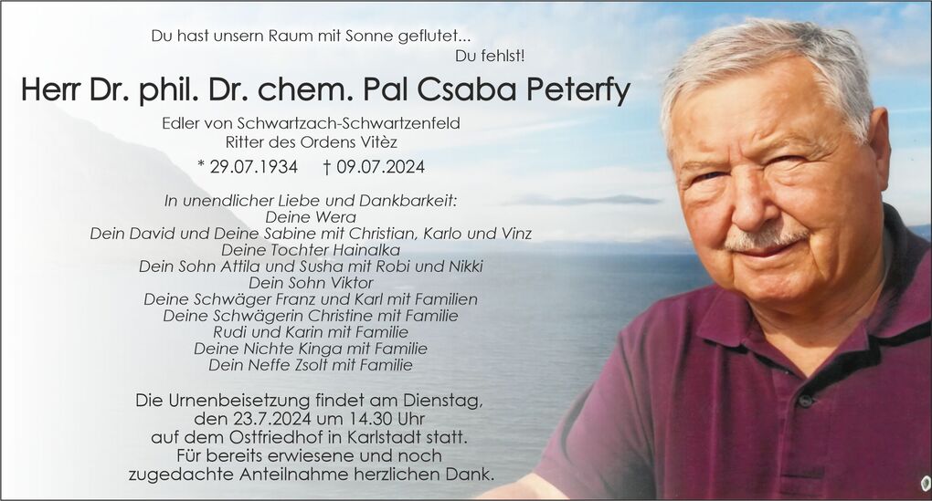 Traueranzeige mit Bild und Text f&uuml;r Dr. Pal Csaba Peterfy, mit Angaben zu Geburt, Tod und Urnenbeisetzung.