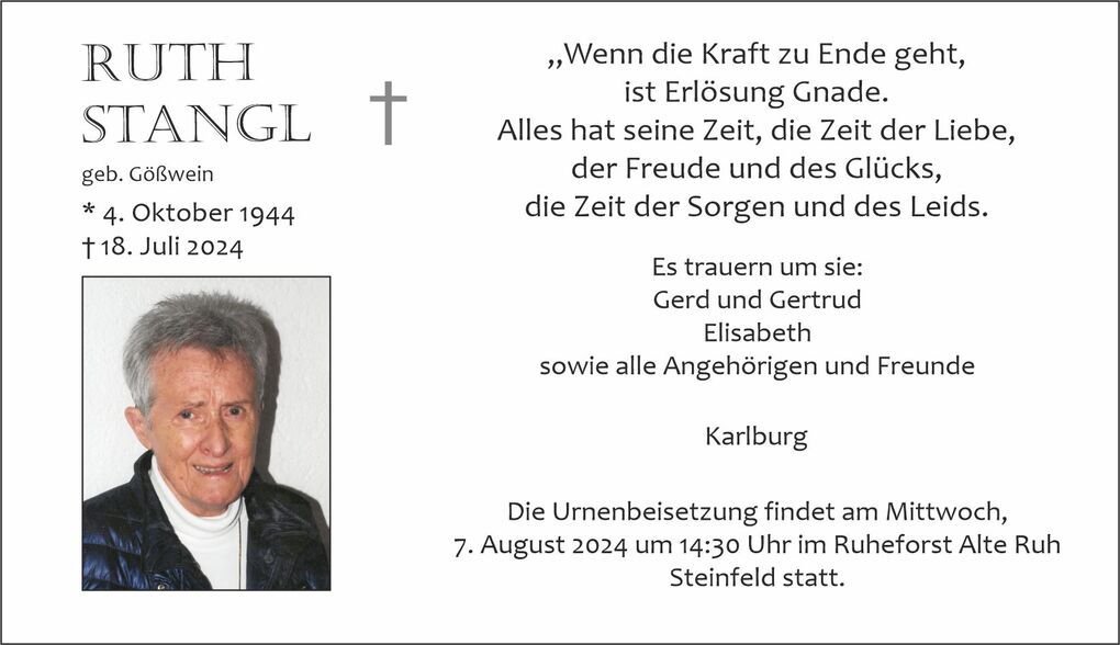 Trauerkarte f&uuml;r Ruth Stangl mit Geburts- und Sterbedatum sowie pers&ouml;nlichen Abschiedsworten und Urnenbeisetzungshinweisen.