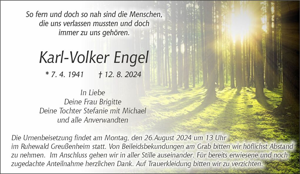 Bestattungsanzeige f&uuml;r Karl-Volker Engel, umgeben von Sonnenstrahlen und B&auml;umen in einem ruhigen Wald.