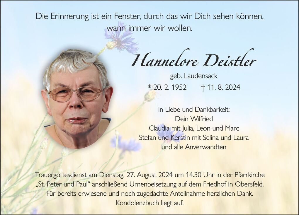 Trauerkarte mit einem Foto von Hannelore Deistler, enthaltenen Geburts- und Sterbedaten sowie Informationen zur Trauerfeier.