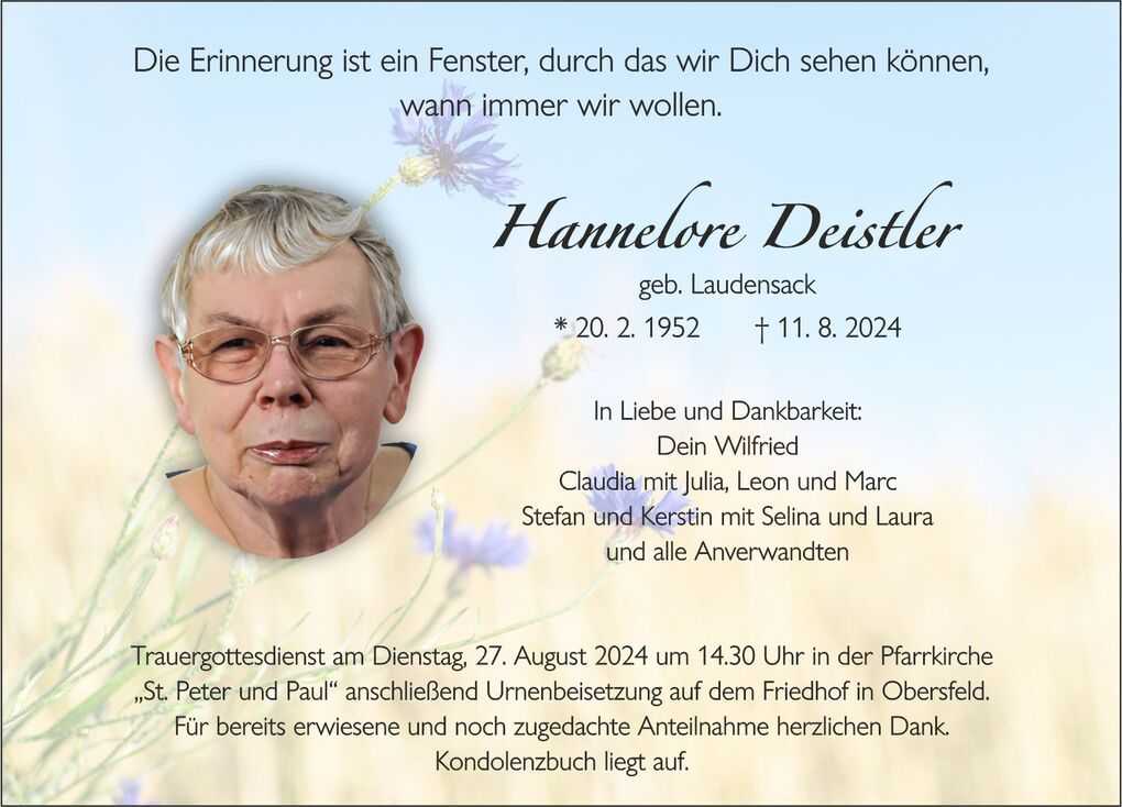 Trauerkarte mit einem Foto von Hannelore Deistler, enthaltenen Geburts- und Sterbedaten sowie Informationen zur Trauerfeier.