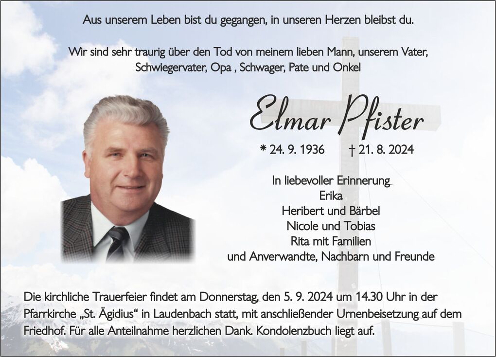 Traueranzeige f&uuml;r Elmar Pfister mit Foto, Geburts- und Sterbedatum sowie Angaben zur Trauerfeier und Hinterbliebenen.