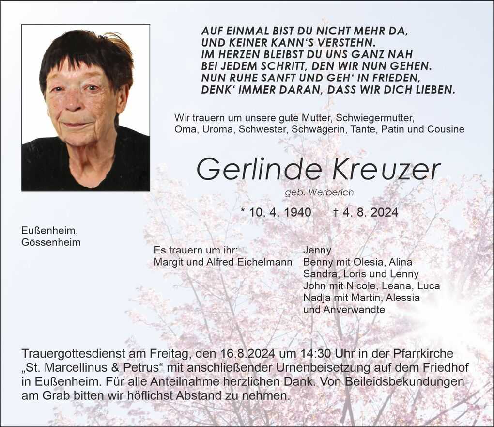 Traueranzeige f&uuml;r Gerlinde Kreuzer, mit Foto und Angaben zum Trauergottesdienst sowie Namen der Hinterbliebenen.