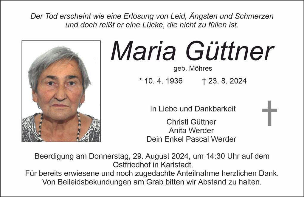 Traueranzeige f&uuml;r Maria G&uuml;ttner mit Foto, Geburts- und Sterbedaten sowie Informationen zur Beerdigung.