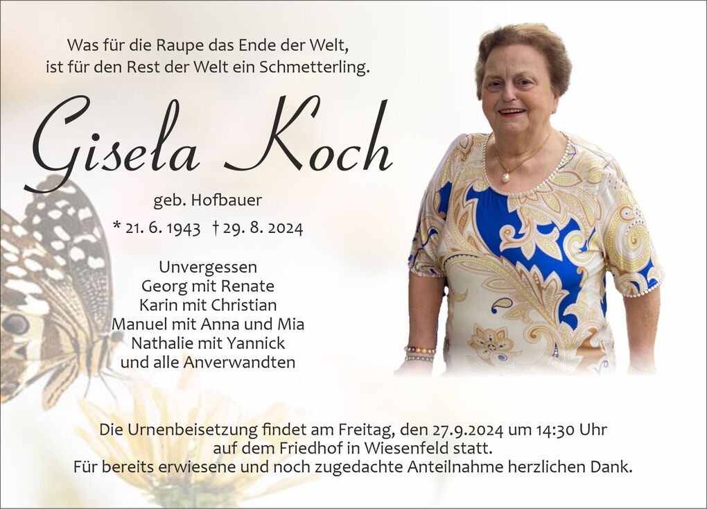 Bild mit dem Text einer Traueranzeige f&uuml;r Gisela Koch, die Informationen zur Urnenbeisetzung und Angeh&ouml;rigen enth&auml;lt.