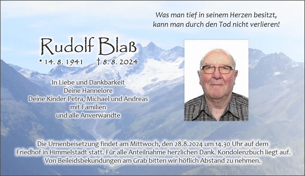 Bild mit Traueranzeige f&uuml;r Rudolf Bla&szlig;, einschlie&szlig;lich Fotografie und Informationen zur Urnenbeisetzung.
