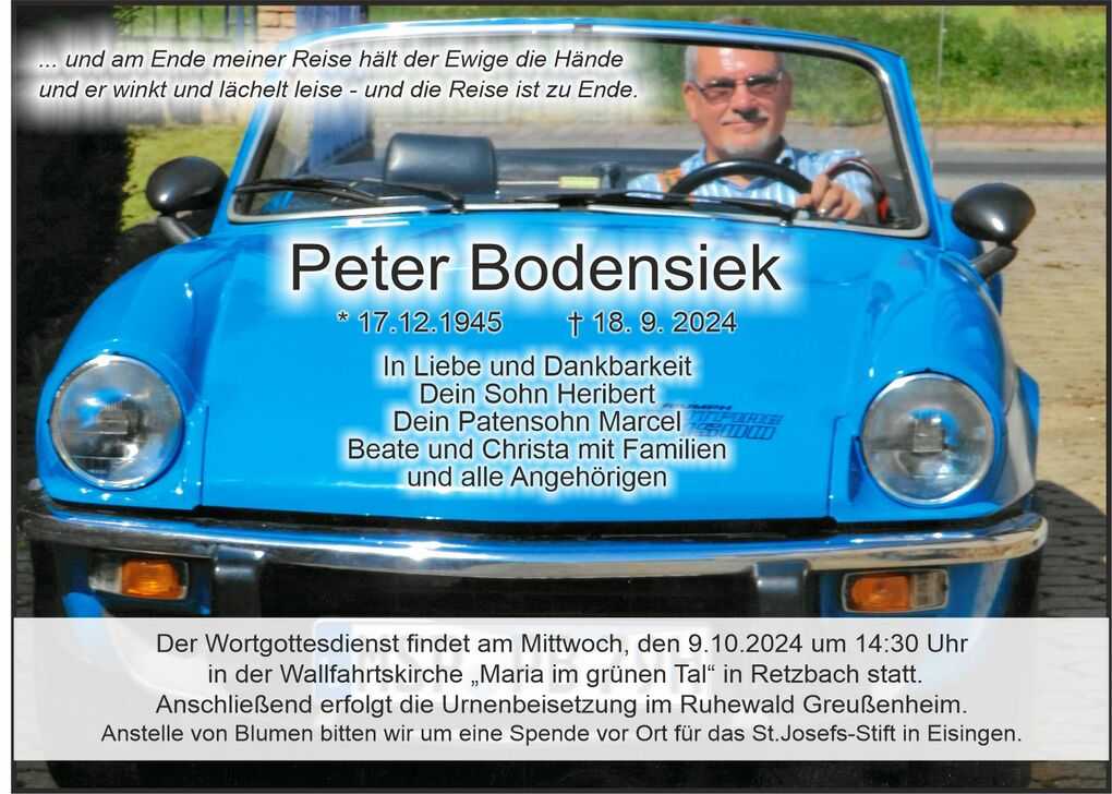 Traueranzeige mit Portr&auml;t von Peter Bodensieks blauem Auto, Geburts- und Sterbedaten sowie Informationen zur Trauerfeier.