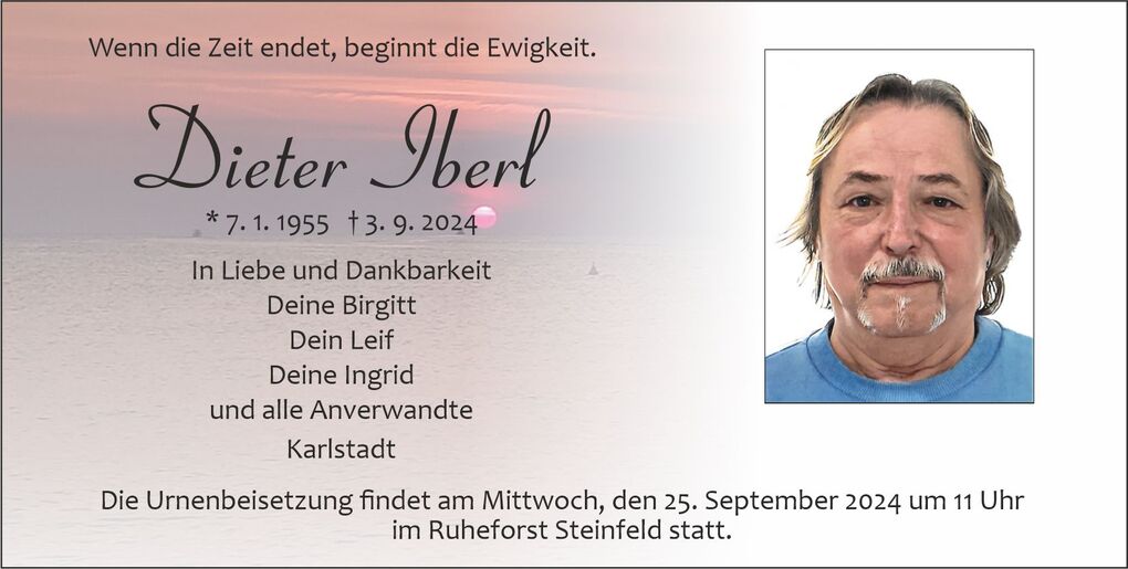 Totenschein mit Foto von Dieter Iberl, Geburts- und Todesdatum sowie Informationen zur Urnenbeisetzung.