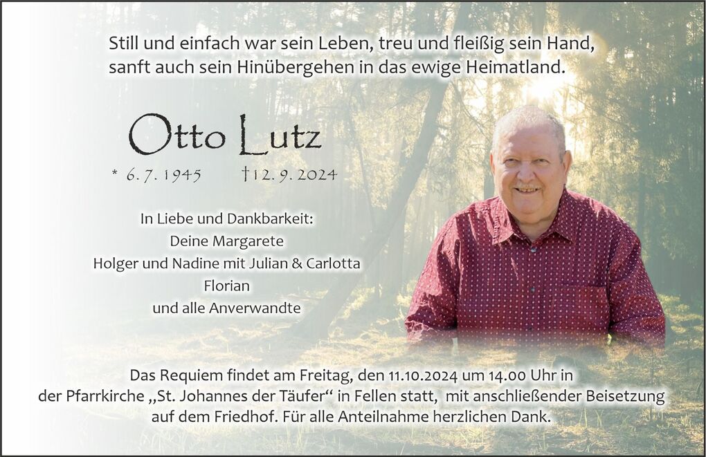 Traueranzeige f&uuml;r Otto Lutz, mit Geburts- und Sterbedatum sowie Dankesw&uuml;nschen von Angeh&ouml;rigen, vor einem Waldhintergrund.