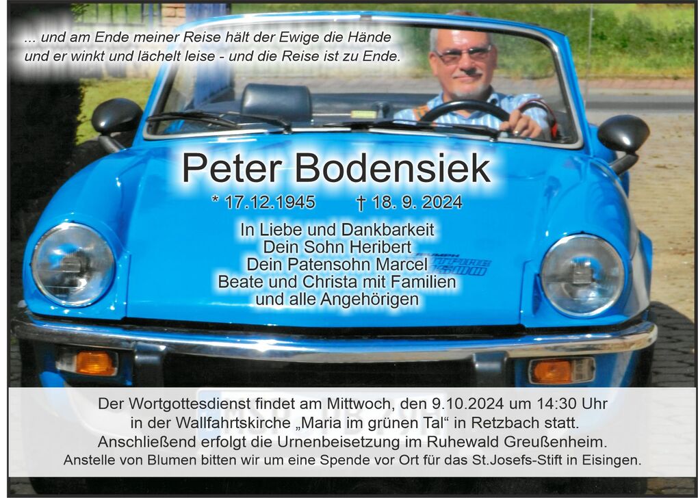 Traueranzeige mit Portr&auml;t von Peter Bodensieks blauem Auto, Geburts- und Sterbedaten sowie Informationen zur Trauerfeier.