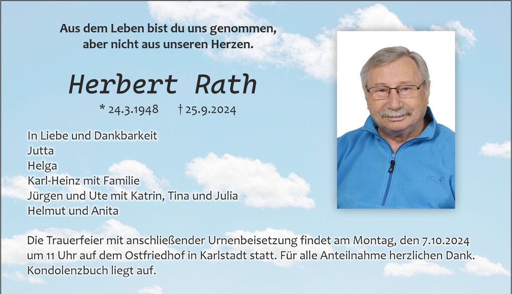 Traueranzeige f&uuml;r Herbert Rath mit Foto und Betreff: Trauerfeier am 7.10.2024, umgeben von Wolkenhimmel.