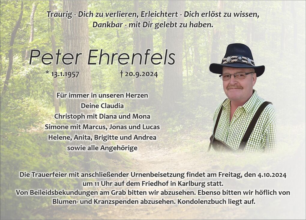 Traueranzeige f&uuml;r Peter Ehrenfels, umgeben von einem Waldhintergrund mit pers&ouml;nlicher Widmung und Terminangeben.