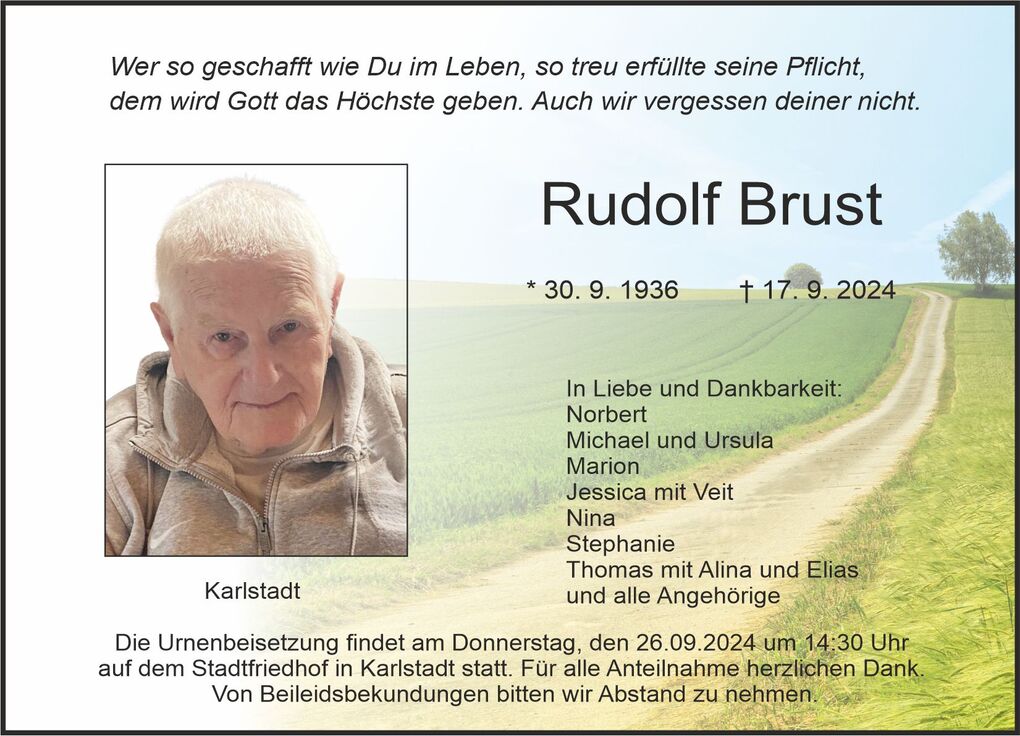 Sterbebild von Rudolf Brust, mit Foto und Information zur Urnenbeisetzung in Karlstadt auf einem ruhigen Landschaftshintergrund.