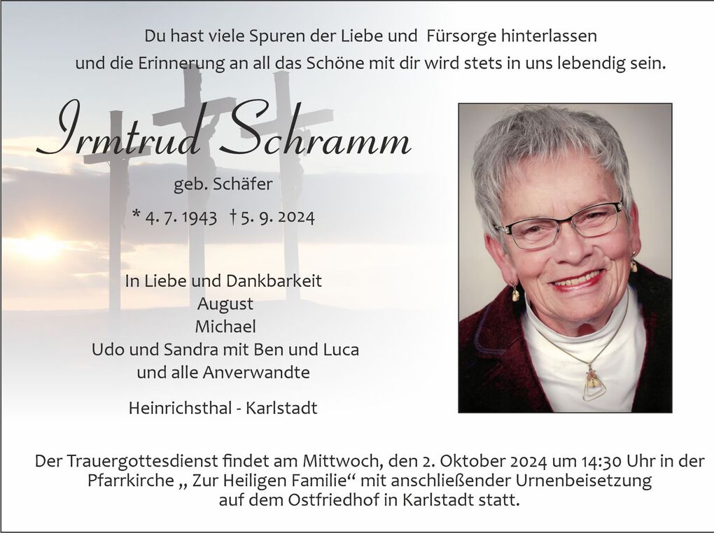 Traueranzeige f&uuml;r Irmtrud Schramm mit Foto, Lebensdaten und Informationen zur Trauerfeier in Heinrichsthal.