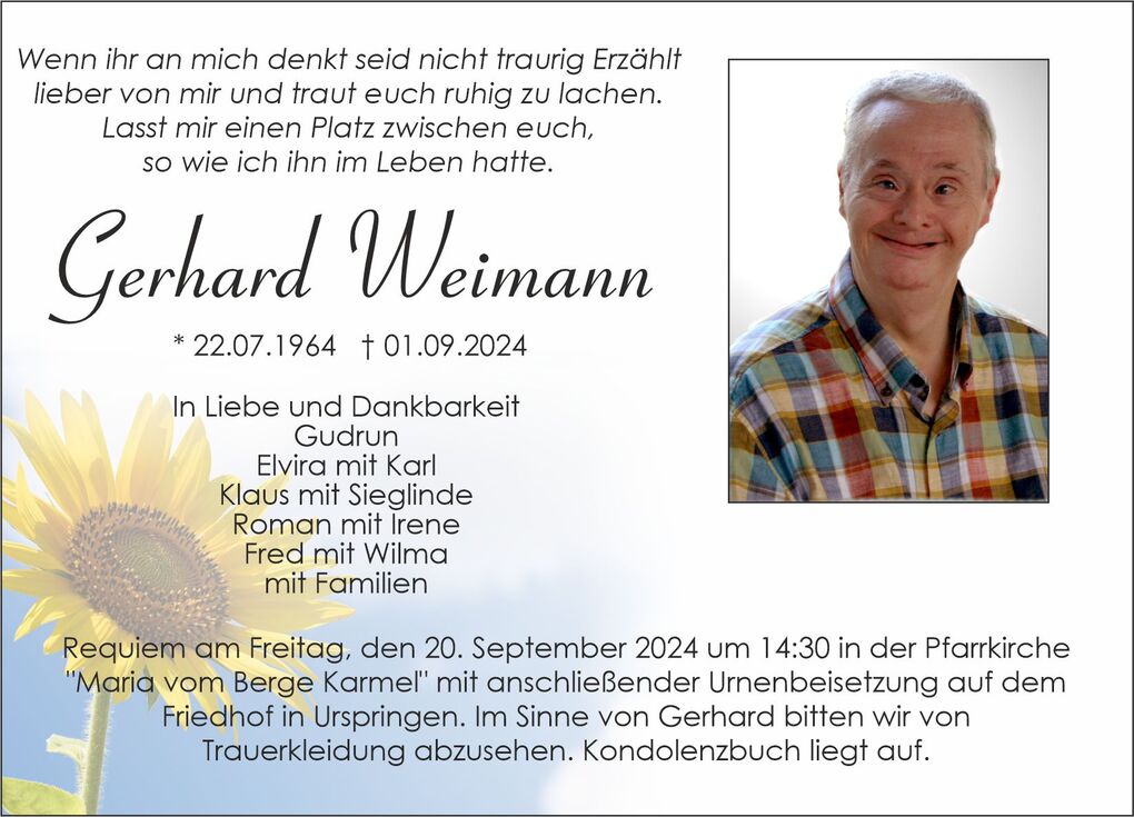 Trauerkarte f&uuml;r Gerhard Weimann mit Foto, Geburtsdatum, Sterbedatum und Informationen zur Beerdigung.