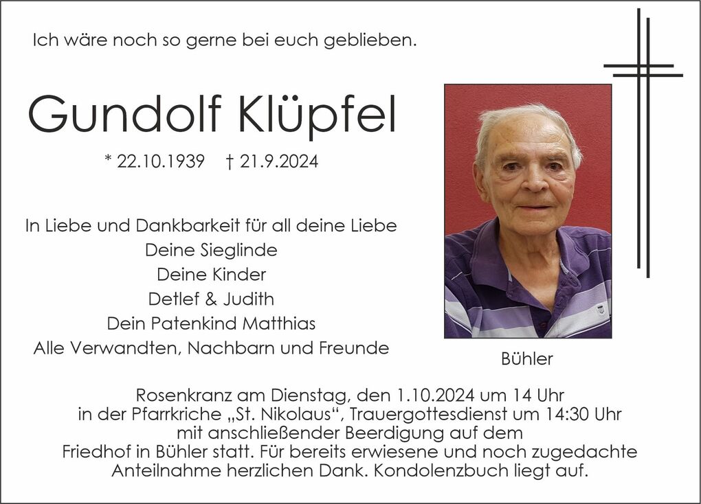 Trauerrubrik mit Bild von Gundolf Kl&uuml;pfel, Geburts- und Sterbedatum sowie Angaben zur Trauerfeier.