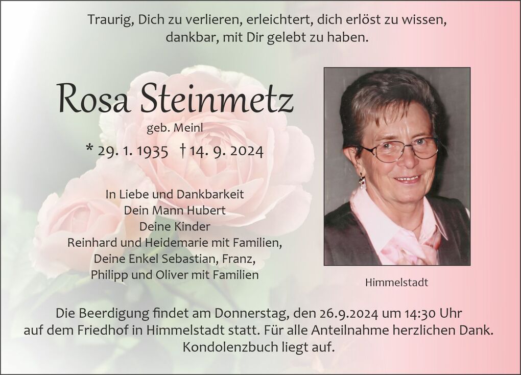 Traueranzeige f&uuml;r Rosa Steinmetz mit Foto, Namen, Geburts- und Todesdatum sowie Beerdigungsdetails. Rosa l&auml;chelt.
