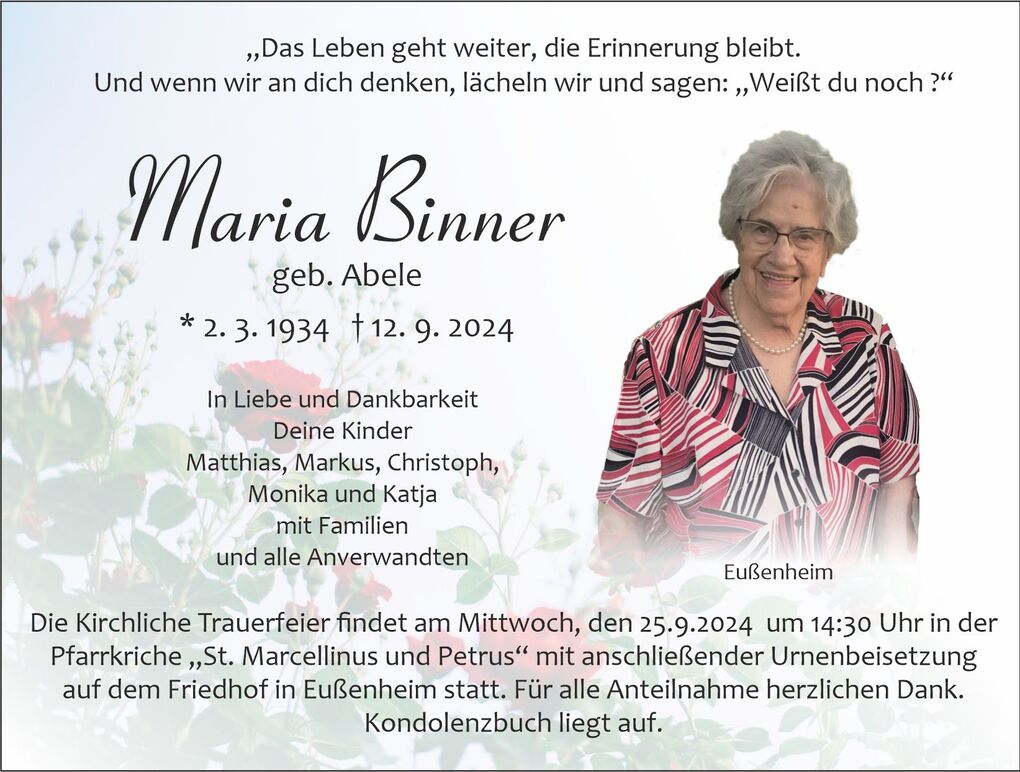 Traueranzeige f&uuml;r Maria Binner, mit Geburts- und Sterbedatum sowie Informationen zur Trauerfeier in Eu&szlig;enheim.