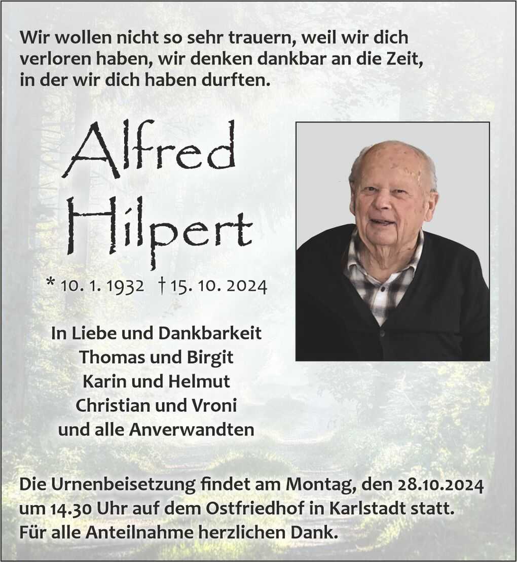 Traueranzeige f&uuml;r Alfred Hilpert mit Geburts- und Sterbedaten sowie Informationen zur Urnenbeisetzung.