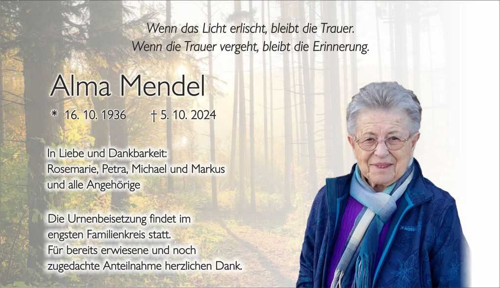 Traueranzeige f&uuml;r Alma Mendel mit Bild, Geburts- und Sterbedatum sowie Dankesworten der Familie.