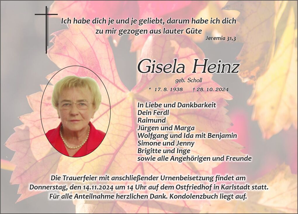 Traueranzeige mit Foto von Gisela Heinz, umgeben von bunten Herbstbl&auml;ttern und Informationen zur Trauerfeier.