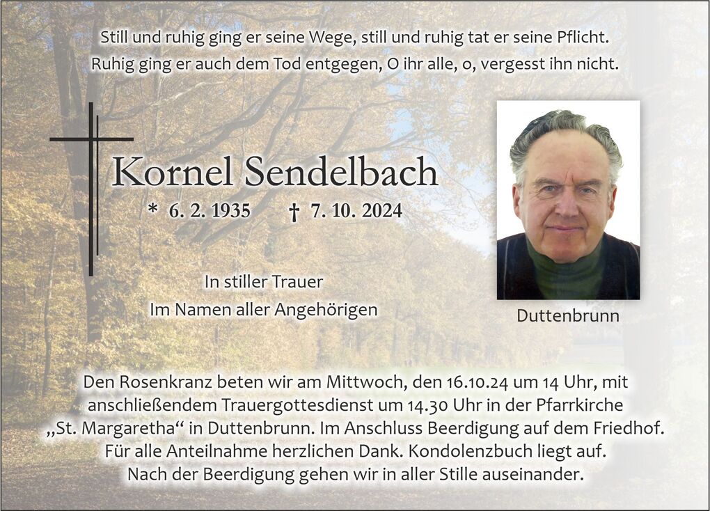 Sterbebild f&uuml;r Kornel Sendelbach mit Angaben zu Geburts- und Sterbedatum sowie Trauerfeier in einer herbstlichen Landschaft.