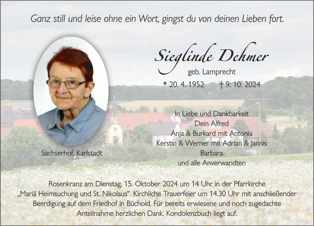 Trauerkarte mit Bild von Sieglinde Dehmer, pers&ouml;nlichen Daten und Informationen zur Beerdigung im Hintergrund eines l&auml;ndlichen Motivs.