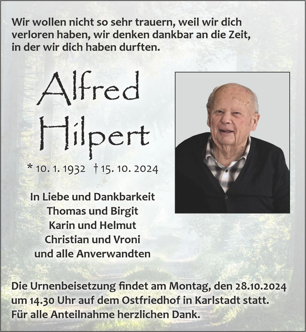 Traueranzeige f&uuml;r Alfred Hilpert mit Geburts- und Sterbedaten sowie Informationen zur Urnenbeisetzung.