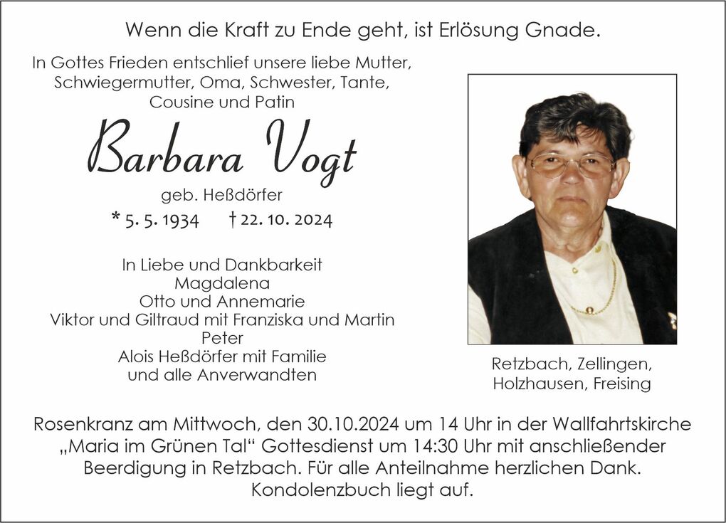 Traueranzeige f&uuml;r Barbara Vogt mit Geburts- und Sterbedatum, umgeben von Gedenktext und Kontaktinformationen.