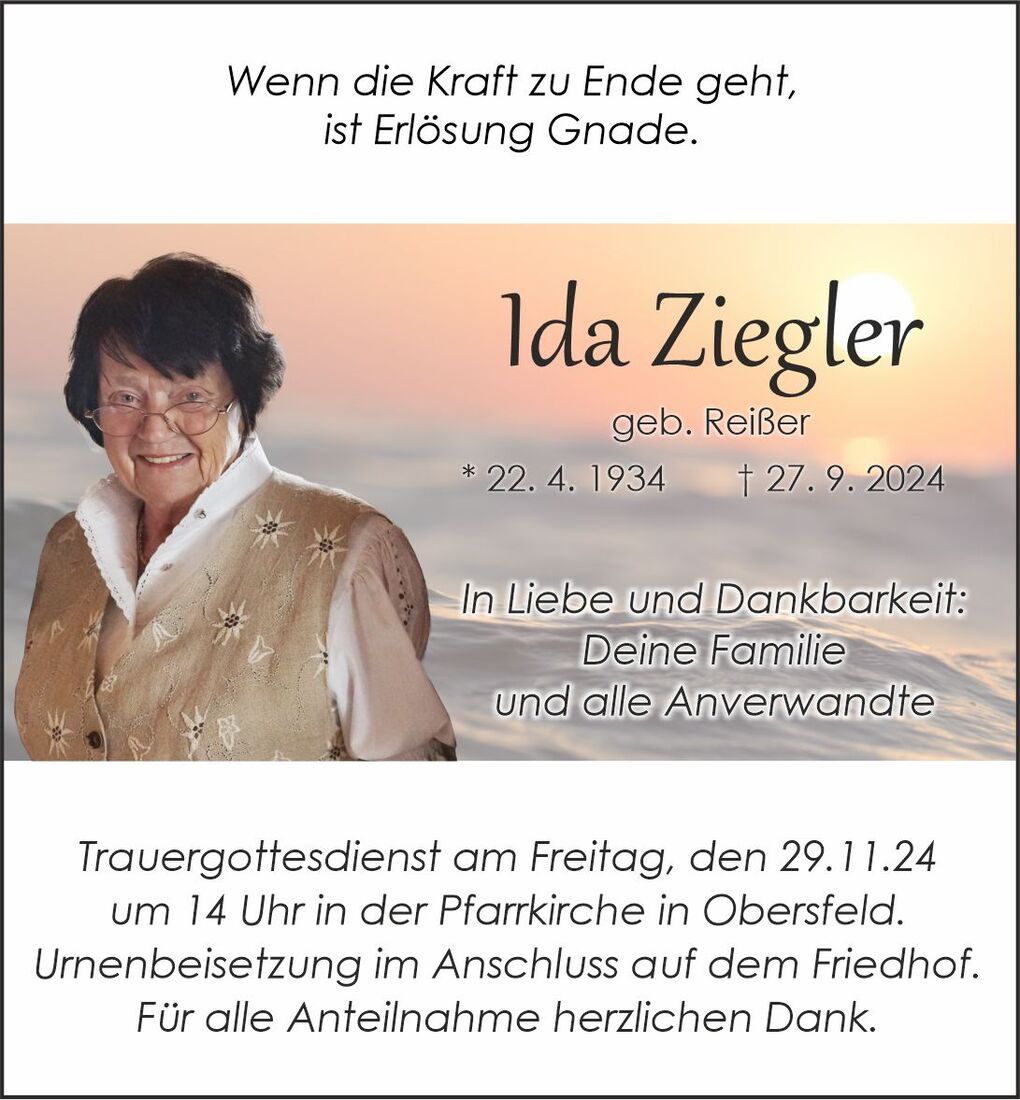 Traueranzeige f&uuml;r Ida Ziegler mit Bild und Angaben zu Geburt, Tod und Trauerfeier. Hintergrund in sanften Farbt&ouml;nen.