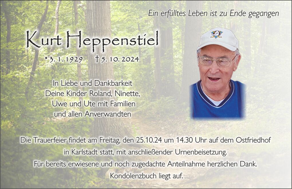 Traueranzeige f&uuml;r Kurt Heppenstiel mit Geburts- und Sterbedatum, umrahmt von einem Waldhintergrund.